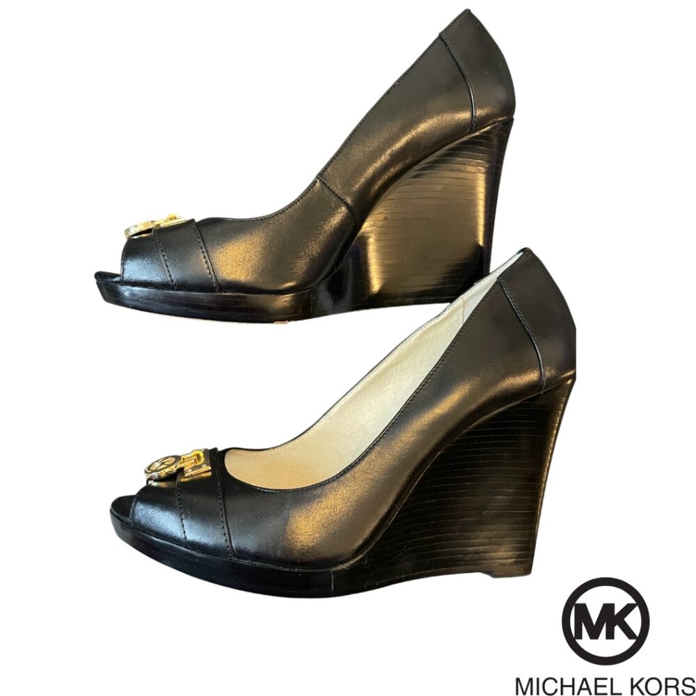 MICHAEL KORS Hamilton Black Leather Platform Wedge Heels Open Toe 9M Y2K - Picture 2 of 4